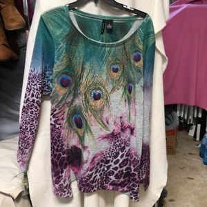 Long sleeve sweater peacock design with sparkle